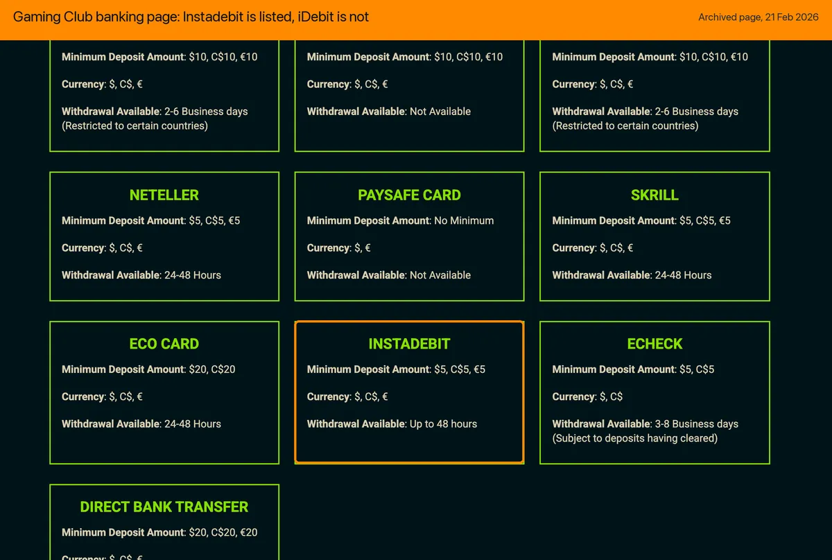 Page bancaire Gaming Club : carte Instadebit avec minimum de 5 $, aucun iDebit