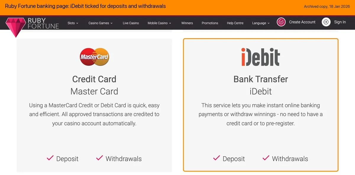 Ruby Fortune banking page: iDebit listed under Bank Transfer with ticks for deposit and withdrawals