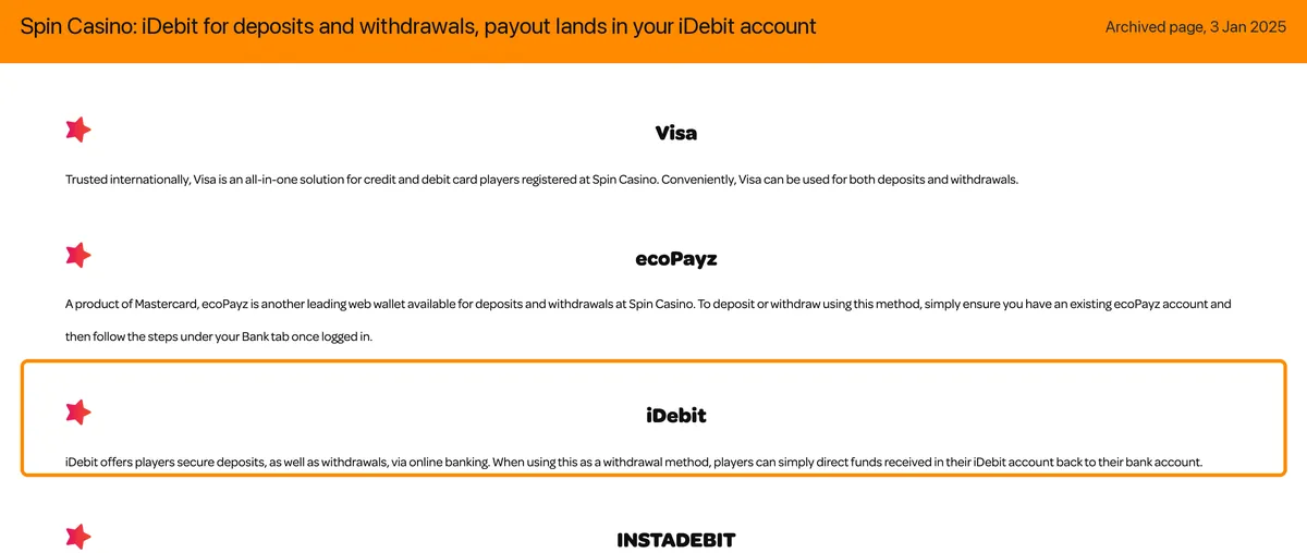 Page des modes de paiement Spin Casino Canada : iDebit pour dépôts et retraits, les fonds reçus dans le compte iDebit retournent à la banque
